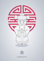 Cartoon hand drawn Asian wise old man in national clothes with ornament on background symbol longevity. Chinese man stands with folded arms in gesture. Concept for Chinese New Year Illustration.
