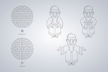 et of vector illustration gray-haired Asian old man in national clothes in different poses. Ancient symbol of longevity and wealth.