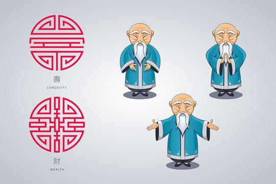 et of vector illustration gray-haired Asian old man in national clothes in different poses. Ancient symbol of longevity and wealth.