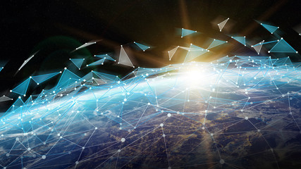 Connections system and datas exchanges on planet Earth 3D rendering