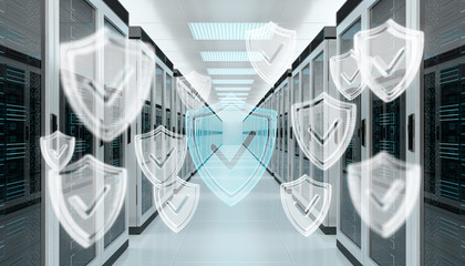 Firewall activated on server room data center 3D rendering