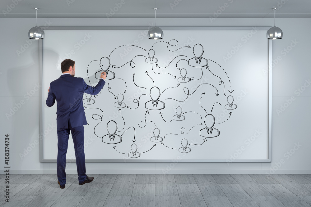 Poster businessman drawing social network sketch on a board 3d rendering