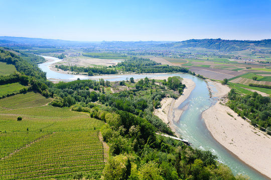 Tanaro river view from Langhe, Italy
