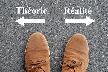 Chaussures devant des flèches indiquant théorie et réalité