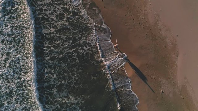 Lonely surfer walk on empty beach, looks for last best wave to catch at warm sunny summer sunset evening. Aerial drone footage of inspiring and beautiful travel place for adventurers