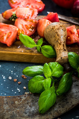 Ingredients for making fresh healthy tomatoes salad