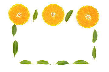Top view Orange  fruit slice and green leaf   isolated on white background .