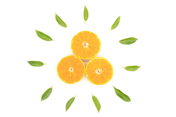 Top view Orange  fruit slice and green leaf   isolated on white background .