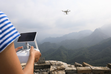 flying drone taking photo of the great wall landscape in China