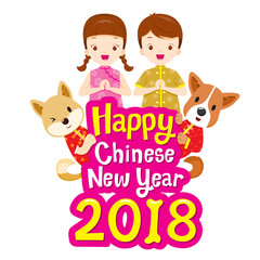 Obraz na płótnie Canvas Happy Chinese New Year 2018 Texts With Kids And Dogs, Traditional Celebration, China, Spring Festival, Animal