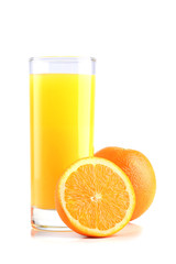 Glass of orange juice and oranges isolated on white