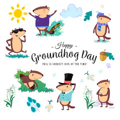 Happy Groundhog Day set, cute marmot in cylinder holds flower - white snowdrop, prediction of weather, animal climbed out of ground burrows after wintering, hog gipernation vector illustration