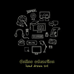 Hand drawn doodle online education set.