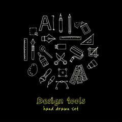 Hand drawn doodle design tools set.