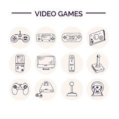 Hand drawn doodle video games set.