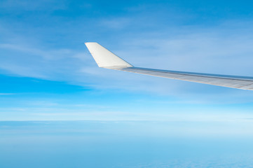 Airplane wing with clouds.