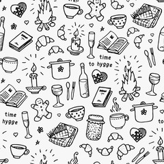 Hand drawn seamless pattern. Time to Hygge. Vector illustration on white background