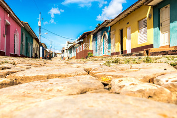 Streetview of Trinidad Cuba, sunny day, beautiful buildings