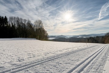 Gespurte Langlauf Loipen im Bayerischen Wald, Deutschland