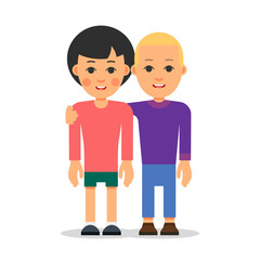 Young couple. Woman and man stand nearby. Guy is hugging girl. Young people on a romantic date. Illustration in flat style. Isolated. White background