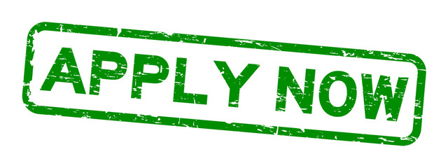 Grunge green apply now square rubber seal stamp on white background