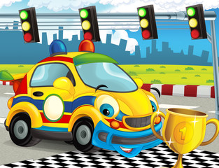 cartoon funny and happy looking racing car on race track - illustration for children