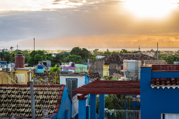 Sunset streetview of Trinidad Cuba, sunny day, beautiful buildings