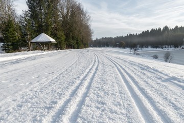 Obraz premium Gespurte Langlauf Loipen im Bayerischen Wald, Deutschland