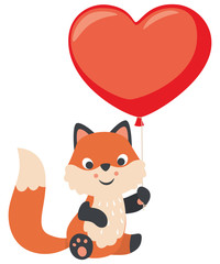 Cute Kawaii Style Baby Fox Holding Heart Shaped Balloon Valentines Day Flat Vector Illustration Isolated on White