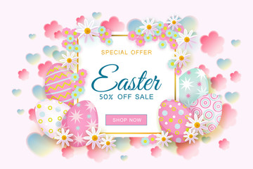 Horizontal Easter sale banner, flyer design with square frame decorated with flowers and painted eggs, vector illustration. Colorful Easter sale banner template with text, painted eggs and flowers