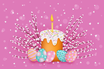 vector easter holiday poster, banner background template with spring festive elements - decorated eggs, easter cake with candle, pussy willow twigs for your design. Illustration on pink background.