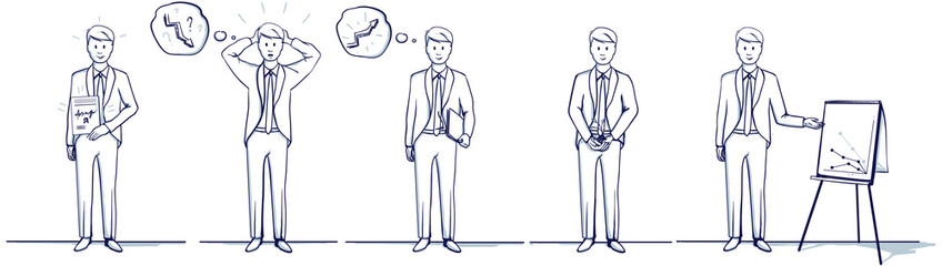 Set of business man cartoon illustration. Stands scenes: near the stand, shows on the chart, holds a sprout in his hands, received a reward or a certificate. Hand drawn doodle vector illustration..