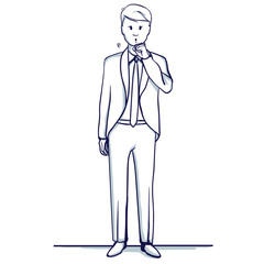 Young business man stands. He coughs, fell ill. Hand drawn doodle cartoon vector illustration..