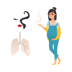 Vector flat danger, risk of smoking concept icon. Smoking pregnant young woman, girl face silhouette with cigarette, lungs. Nicotine addiction, cancer disease, social advertisement design illustration