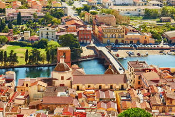 Aerial view of colorful houses in Bosa, Sardinia, Italy