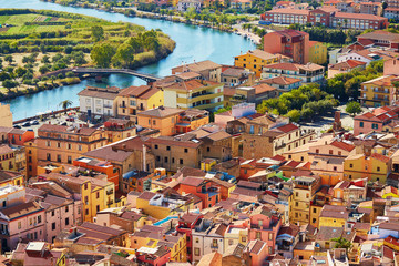 Aerial view of colorful houses in Bosa, Sardinia, Italy