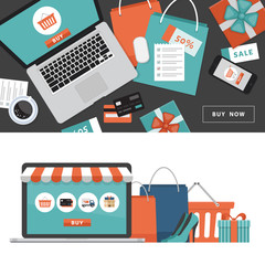 Online shopping concept. Online store objects and banner. Table with laptop, shopping bags, credit cards, gifts and coupons. Flat style, vector illustration.