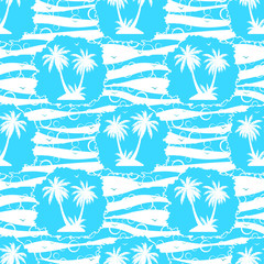 Seamless Pattern, Exotic Landscape, Tropical Palm Trees and Grass Silhouettes, Tile Blue and White Background with Sea Birds Gulls. Vector