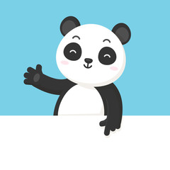 Happy Panda Bear standing behind blank white banner vector illustration in flat style. 