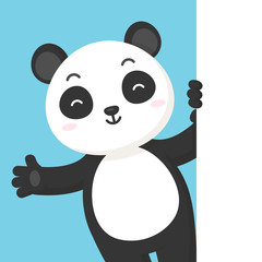 Happy Panda Bear standing behind blank white banner vector illustration in flat style. 