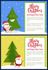 Naklejka premium Merry Christmas Happy New Year Poster Santa Tree