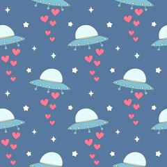 cute cartoon colorful ufo with hearts seamless vector pattern background illustration © Alice Vacca