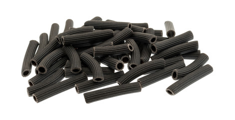 A portion of black bean pasta isolated on a white background.
