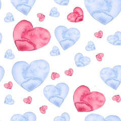 Watercolor seamless pattern with a pattern of pink, blue heart. On white isolated background. Art illustration for your design. 