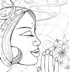 Black and white illustration of a girl who prays. The pattern around it signifies the magic of the word.