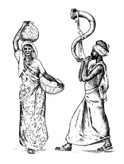 Hindu working in India. engraved hand drawn in old sketch, vintage style. Differences hindu ethnic people in traditional clothing. Vector illustration. Religious costumes.