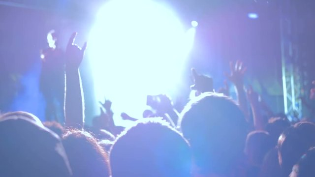 Silhouettes of people partying at rock concert in front of the stage. Strobing stage lighting