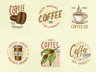 Set of coffee logos. modern vintage elements for the shop menu. Vector illustration. design decoration collection for badges. calligraphy style for frames, labels. . engraved hand drawn in old sketch.