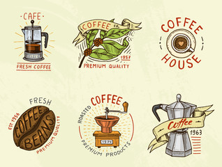 Set of coffee logos. modern vintage elements for the shop menu. Vector illustration. design decoration collection for badges. calligraphy style for frames, labels. engraved hand drawn in old sketch.