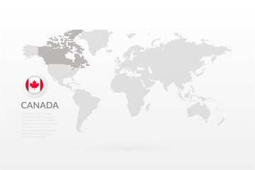 Vector World Map infographic with maple leaf symbol. Canadian flag icon. International global illustration sign. Canada dotted template for business, marketing project, web, concept design